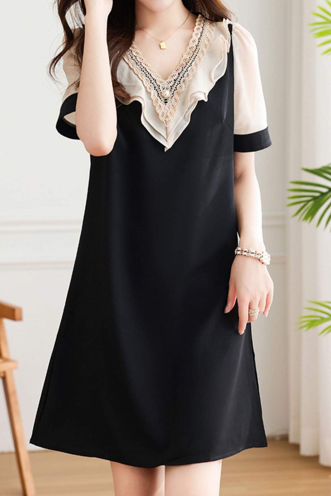 V-Neck Double Flare Decor Sheer Sleeve Flare Dress V-Neck Double Flare Decor Sheer Sleeve Flare Dress