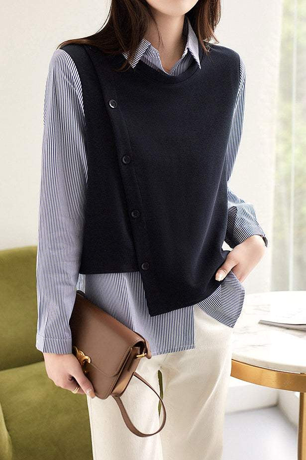 Knitted spliced fake two-piece striped shirt - liwisi