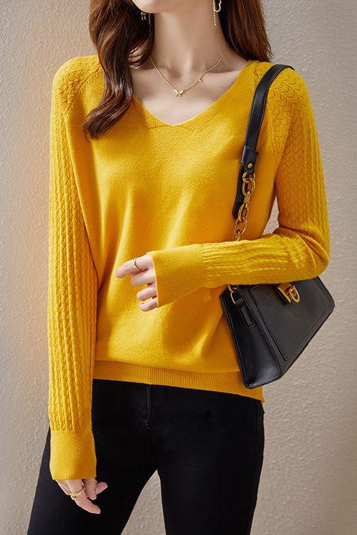 Solid-color V-neck knitted top - liwisi