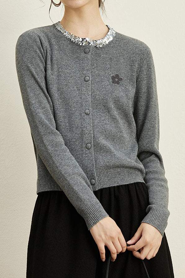 Crew Neck Sequin Knit Cardigan - liwisi