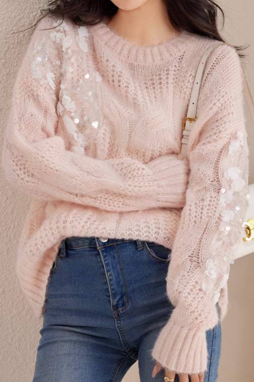 Fashionable Sequin Knit Round Neck Sweater - liwisi
