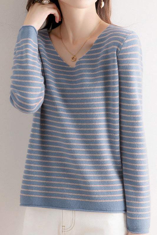 Striped Contrast V-Neck Knit Top - 6 Colors Available - liwisi