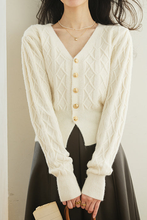 French vintage cable-knit V-neck cardigan sweater coat - liwisi