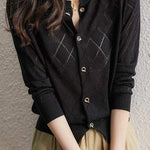 Round Neck Open Knit Check Pattern Cardigan - 3 Colors Available - liwisi