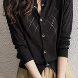 Round Neck Open Knit Check Pattern Cardigan - 3 Colors Available - liwisi