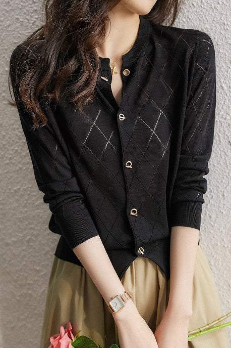 Round Neck Open Knit Check Pattern Cardigan - 3 Colors Available - liwisi
