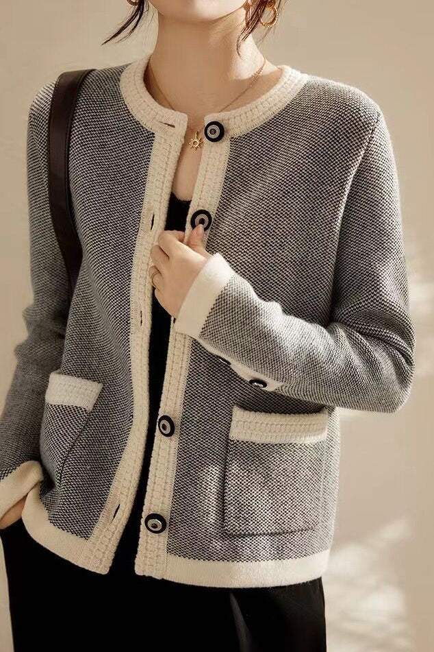 Round Neck Bi-Color Knit Cardigan - 2 Colors Available - liwisi