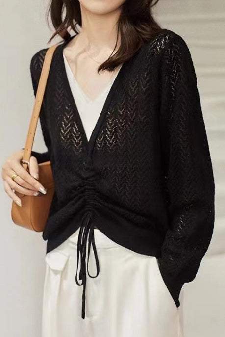 Cutout Jacquard Two-tone V-Neck Faux-Layer Knit Sweater - liwisi
