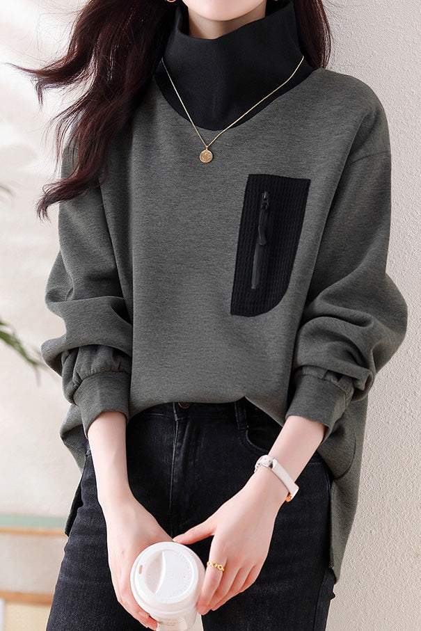 Half-high collar spliced color-block casual sweatshirt - liwisi