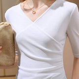 Short Sleeve V-Neck Front Cross Side Gathered Knit - 8 Colors Available - liwisi