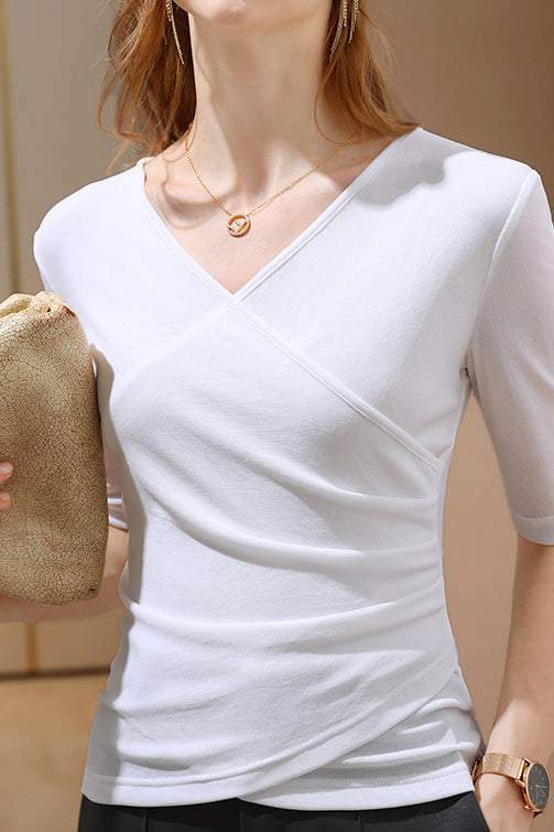 Short Sleeve V-Neck Front Cross Side Gathered Knit - 8 Colors Available - liwisi