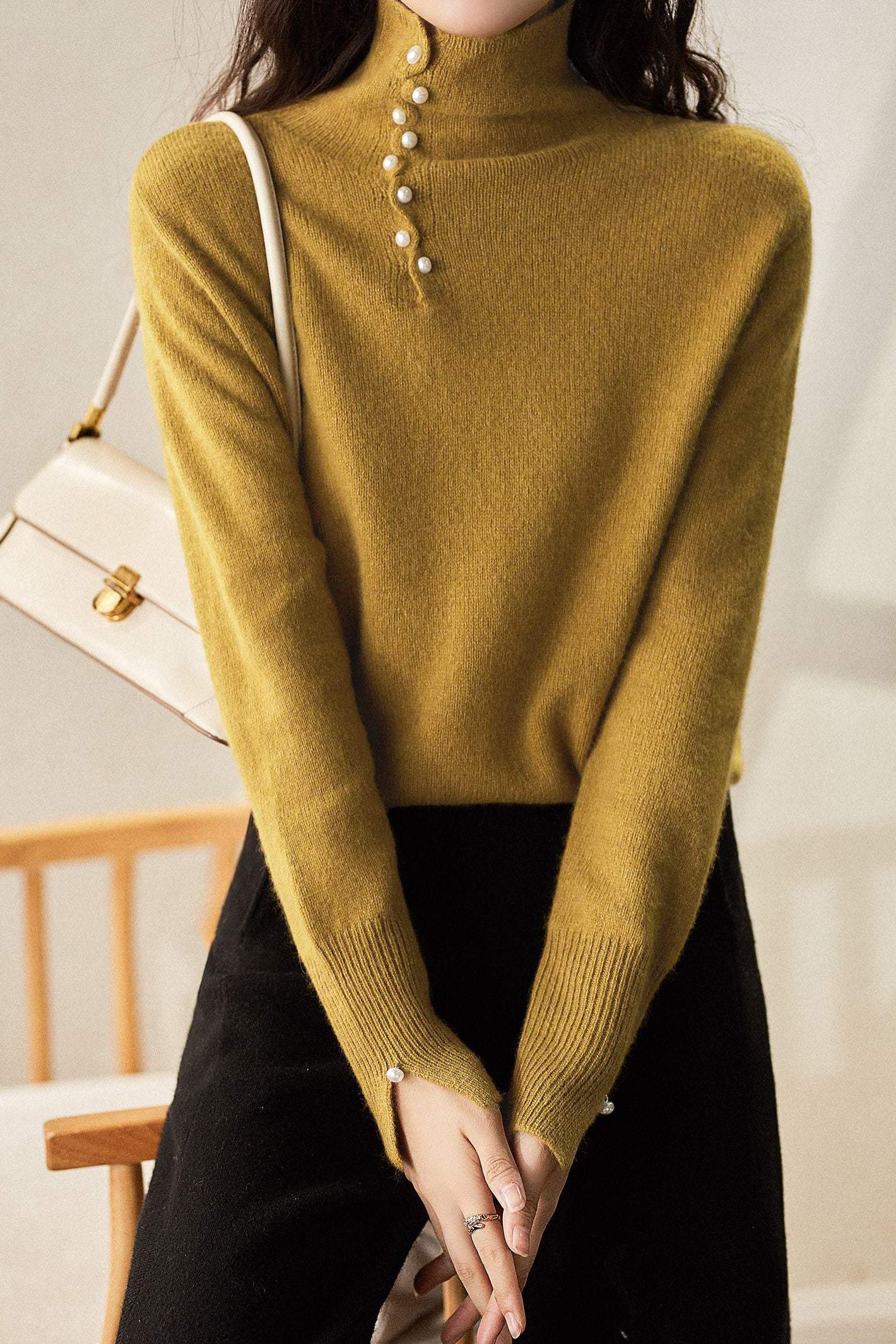 ハイネック袖スリットパール装飾ニット 4色入 - liwisi