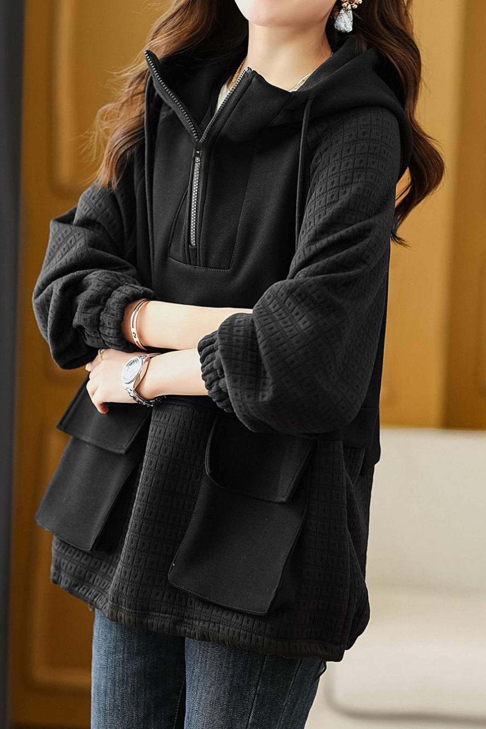Plain Contrast Textured Woven Hooded Sweatshirt - 2 Colors Available - liwisi