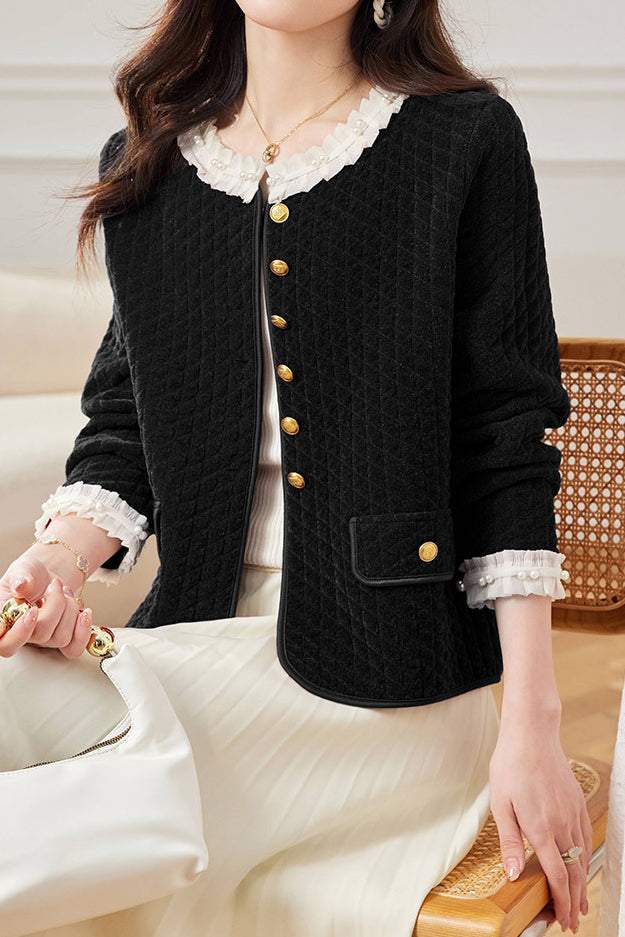 Elegant Ruffled Collar Pearl Decor Jacket - 3 Colors Available - liwisi