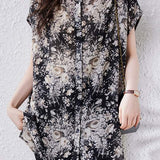 Skipper Collar Side Slit Flower Print Shirt - liwisi