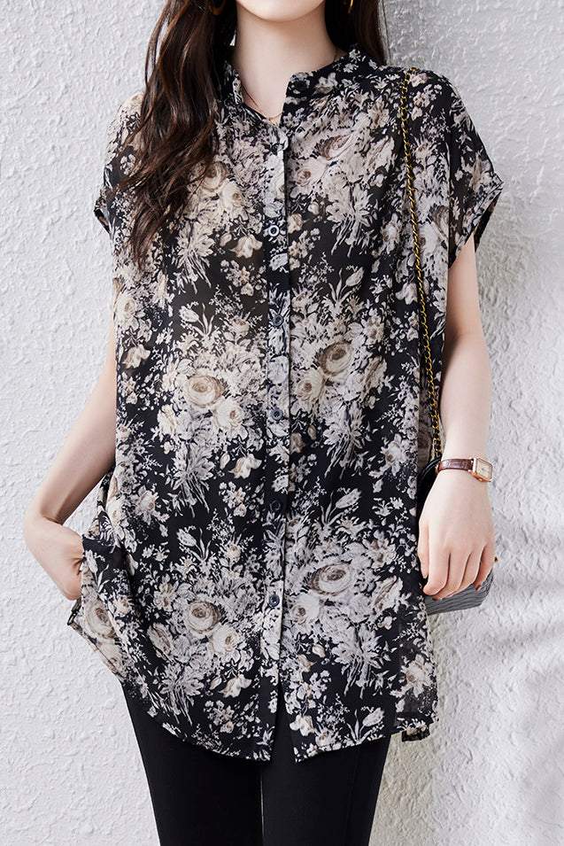Skipper Collar Side Slit Flower Print Shirt - liwisi