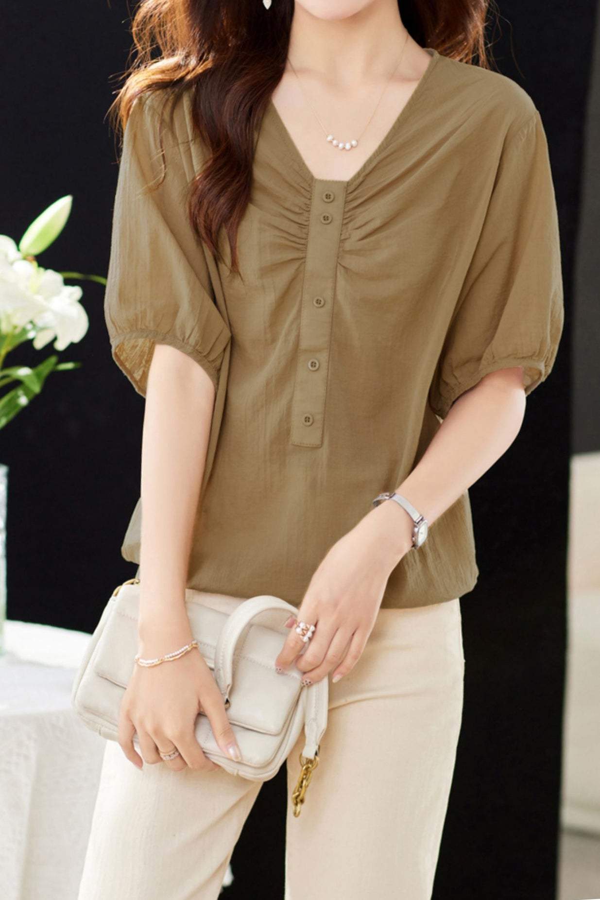 V-Neck Front Button Decor Drawstring Gathered Blouse - 3 Colors Available - liwisi