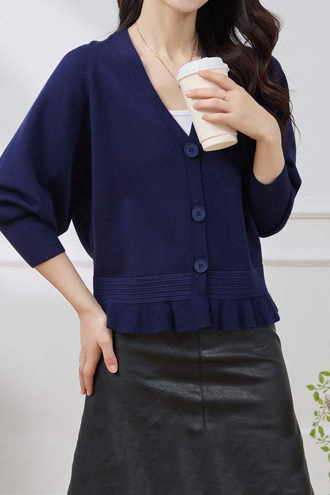 V-Neck Ruffle Hem Knit Cardigan - 4 Colors Available - liwisi