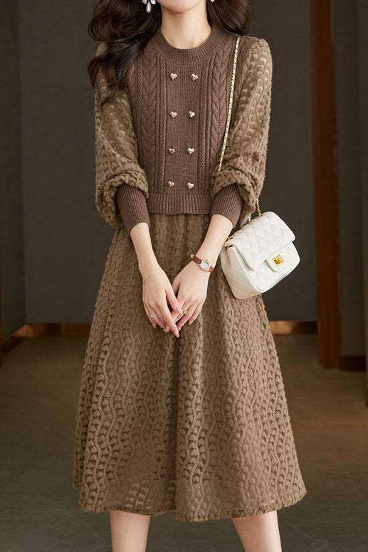 Mixed Material Heart Double Button Knit Dress - 3 Colors Available - liwisi