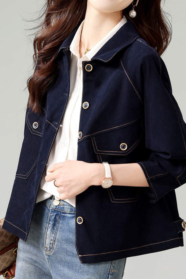 Fashionable Folded Collar Denim Jacket - liwisi