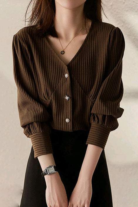 olid Color V-Neck Single-Breasted Shirt - liwisi