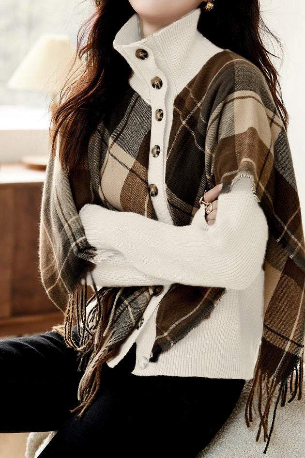 Checked fringed shawl fake two-piece knitted cardigan - liwisi