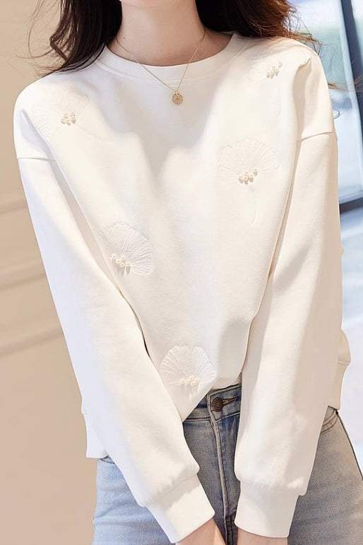 Plain Ginkgo Leaf Embroidered Beaded Sweatshirt - 2 Colors Available - liwisi