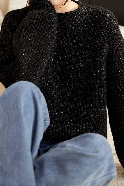 Fashionable Metallic Thread Crew Neck Sweater - liwisi