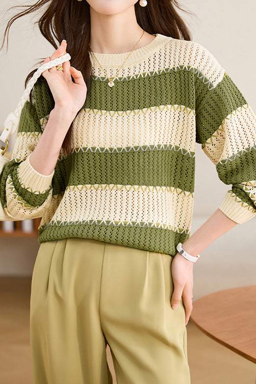 Contrast Color Hollow Out Knit Sweater - liwisi