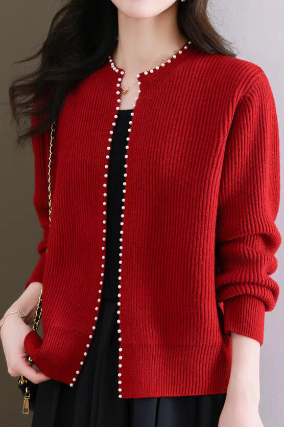 Pearl-decorated knitted sweater cardigan - liwisi