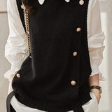 Two-piece set, knitted vest with round button decoration + shirt with frilled collar and frilled cuffs - liwisi