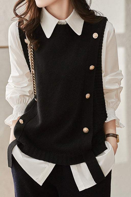 Two-piece set, knitted vest with round button decoration + shirt with frilled collar and frilled cuffs - liwisi