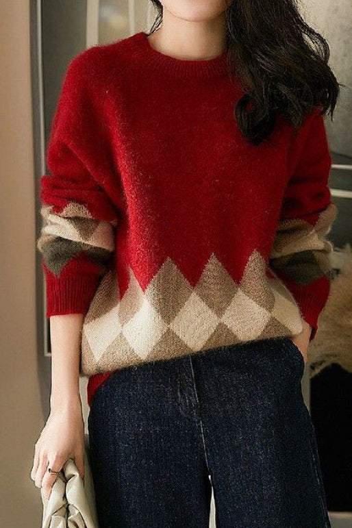Diamond Pattern Round Neck Knit Sweater - liwisi