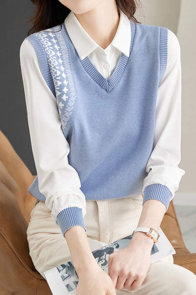 Layered Look Shirt Collar Bi-Color Blouse - liwisi
