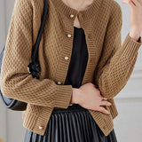Textured Crew Neck Long Sleeve Knit Cardigan - liwisi