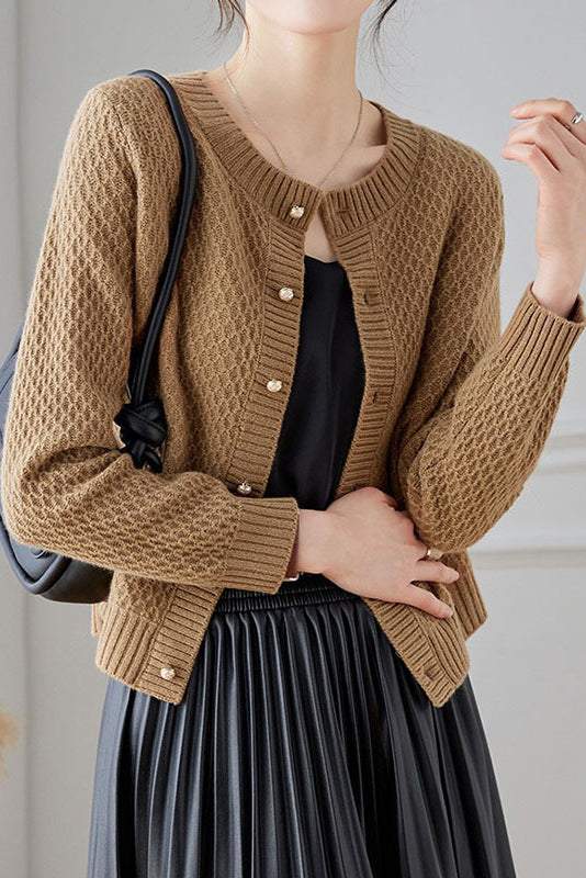 Textured Crew Neck Long Sleeve Knit Cardigan - liwisi