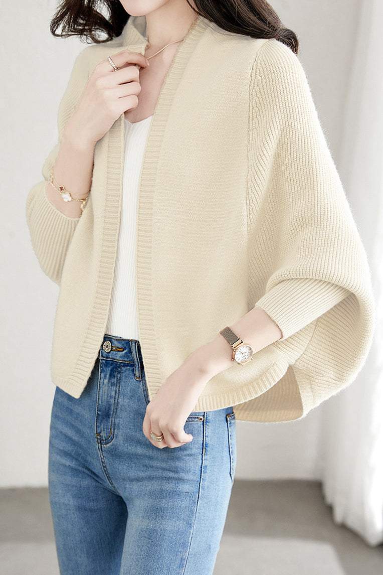 Plain Batwing Sleeve Hooded Knit Cardigan - liwisi