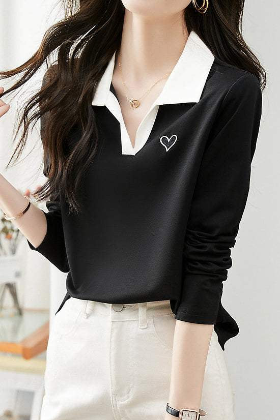 Skipper Collar Heart Logo Embroidered T-Shirt - liwisi