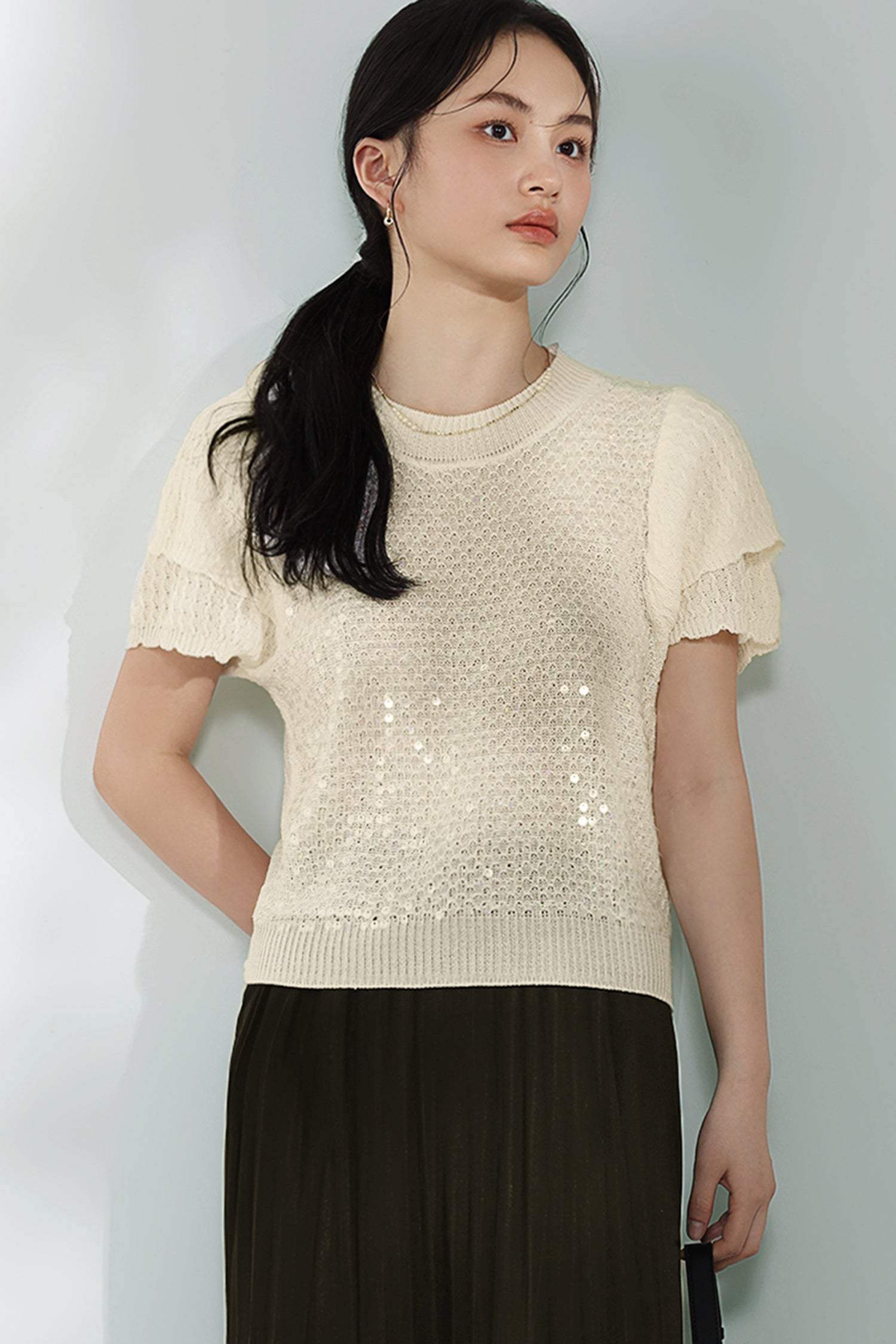 Round Neck Glitter Decor Double Sleeve Knit - 3 Colors Available - liwisi