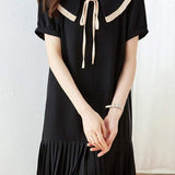 Peter Pan Collar Pleats Contrast Puff Dress - liwisi