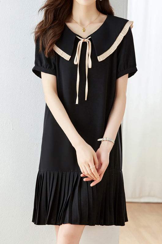 Peter Pan Collar Pleats Contrast Puff Dress - liwisi
