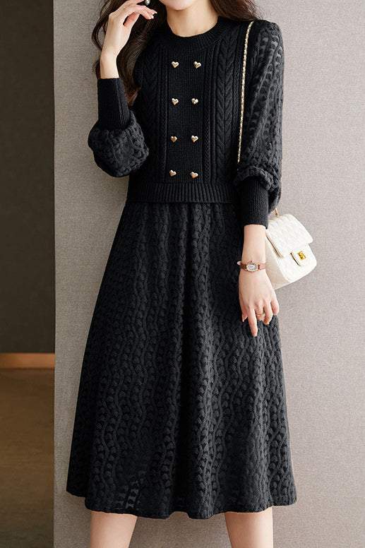 Mixed Material Heart Double Button Knit Dress - 3 Colors Available - liwisi