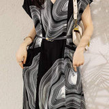 V-Neck Line Print Tie-Belted Dress - liwisi