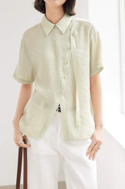 Side Tie Front Slit Diagonal Button Shirt - liwisi