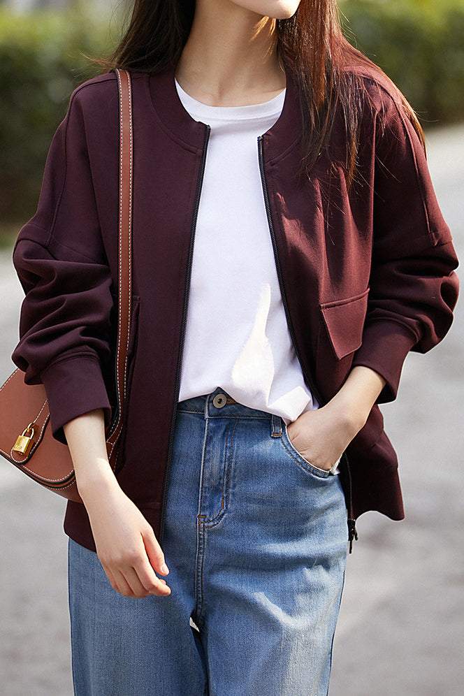 Round Neck Double Flap Pocket Long Sleeve Blouson-2 Colors Available - liwisi