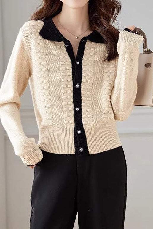 Shirt Collar Jacquard Knit Cardigan - 2 Colors Available - liwisi