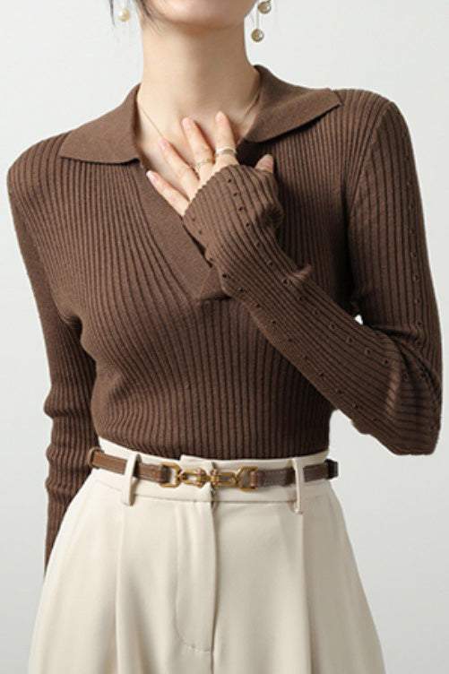 Skipper Collar Sheer Sleeve Knit Top - 5 Colors Available - liwisi