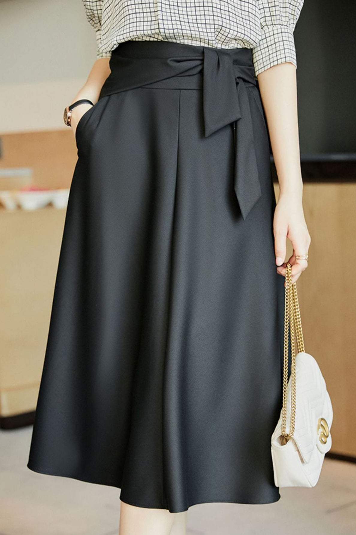 Volume Semi-Flare Skirt with Tie Belt - liwisi