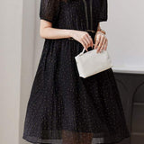 V-Neck Ruffle Decor Dot Pattern Sheer Dress with Lining - liwisi