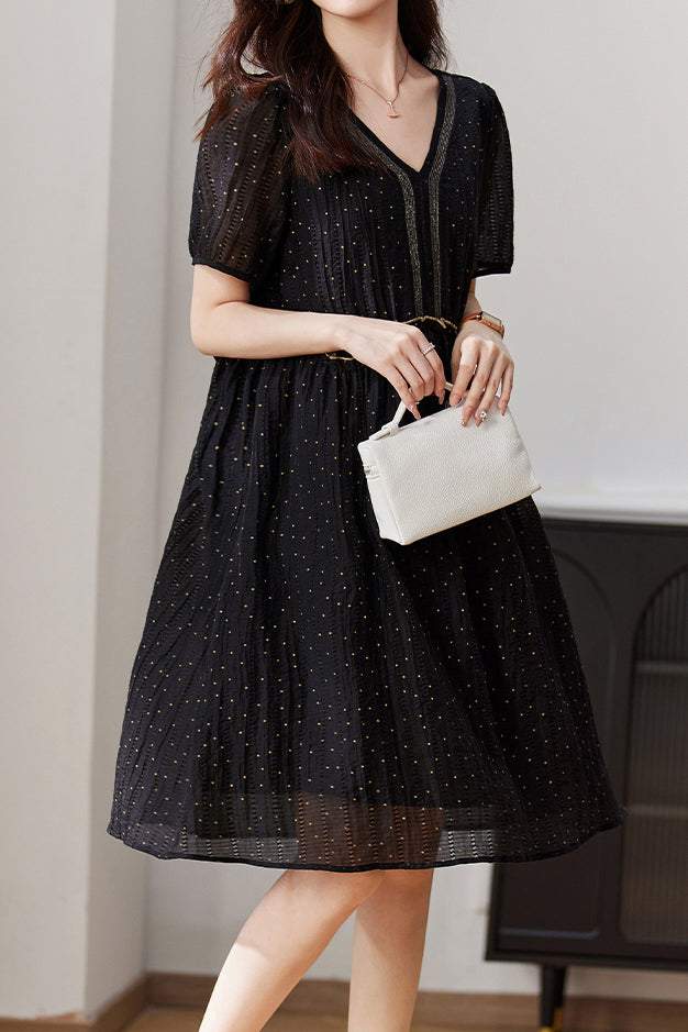 V-Neck Ruffle Decor Dot Pattern Sheer Dress with Lining - liwisi